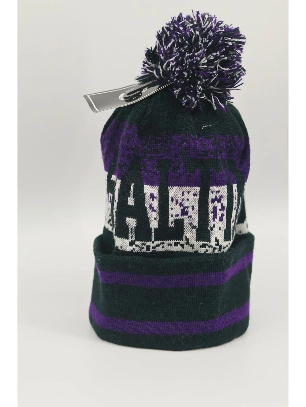 Baltimore Beanie Hat NYC New York Headwear Purple Black Pom Pom Knit Cap New